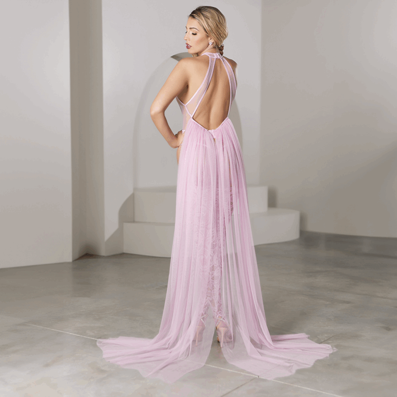 Privé Danser - Teddy met Verstelbare Jarretels, Stay Ups en Afneembare Chiffon Tulle - M - Roze - Afbeelding 3