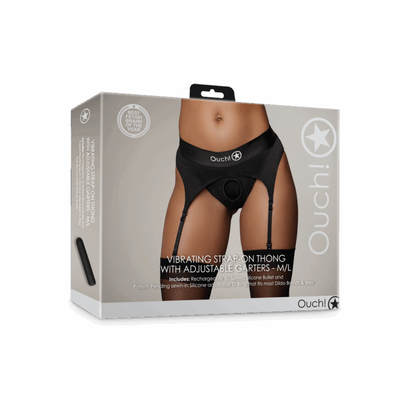 Vibrerende Strap-on Thong met Verstelbare Garter - M/L - Zwart - Afbeelding 2