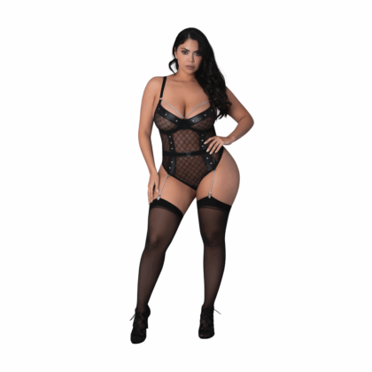 Phoenix - Diamant Gaas Teddy en Kousenband met Kettingen, Ringen en Studs - 2X - Zwart