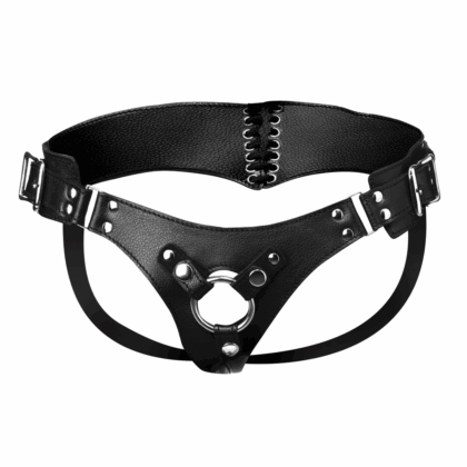 Leren Korset Rug Strap On Dildo Harnas - Zwart